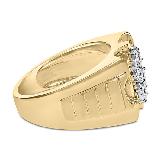 Side angle view of a yellow metal ring with a cluster of round white gemstones in a miracle setting on the top.