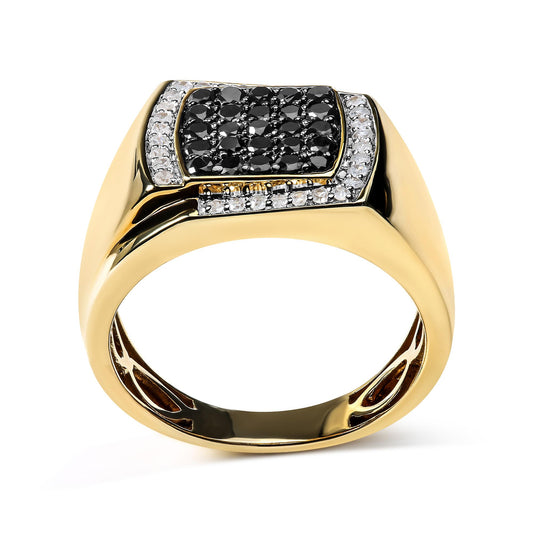 Yellow metal ring shown from the front angle featuring a rectangular top encrusted with multiple small black gemstones surrounded by a border of white gemstones in prong settings.