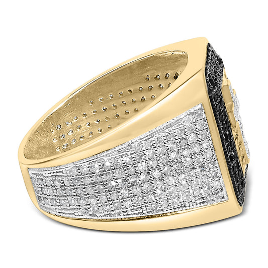 Close-up side angle of a yellow metal ring featuring multiple rows of white gemstones set in prongs on the band with a stripe of black gemstones on the side.