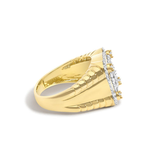 Close-up angled view of a yellow metal ring featuring three rows of round white gemstones in prong settings on the top surface.