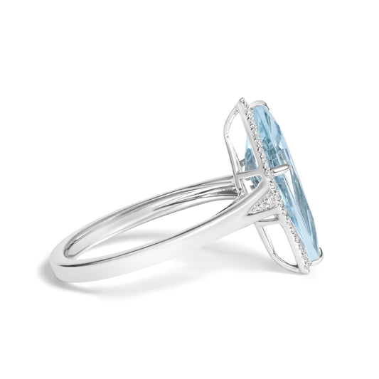 10K White Gold Blue Topaz Kite Cut and 1/6 Cttw Diamond Cocktail Ring