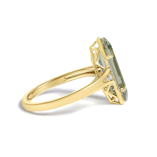 10K Yellow Gold Green Amethyst Hexagon Shaped and Diamond Accent Ring