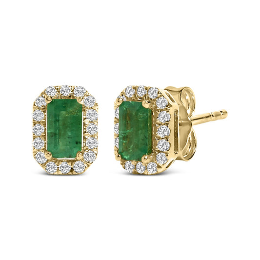 Pair of yellow metal stud earrings with rectangular green gemstones in the center, surrounded by small round white gemstones in a micro-pave setting, shown at a slight angle on a white background.