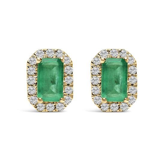 Front view of rectangular yellow metal stud earrings featuring green rectangular gemstones surrounded by small round white gemstones in a pave setting.