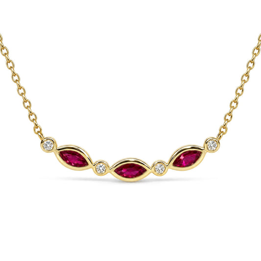 Yellow metal necklace shown in a close-up front angle, featuring marquise-shaped red gemstones with prong settings alternating with round white gemstones in bezel settings along the chain.