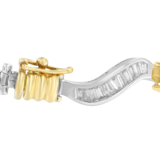 Close-up side angle of a two-toned bracelet featuring a wavy design with channel-set, baguette-shaped white gemstones.