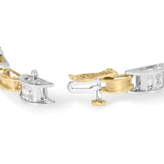 Close-up front angle of a yellow and white metal bracelet clasp featuring princess-shaped white gemstones in a channel setting.