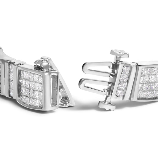 Close-up front angle of a white metal bracelet with princess shape white gemstones in an invisible setting, showing the clasp open.