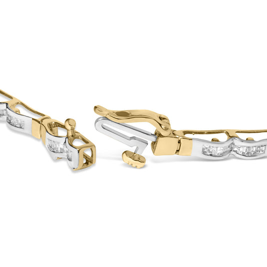 Close-up front angle of a yellow metal bracelet clasp featuring white baguette-shaped gemstones in a channel setting.