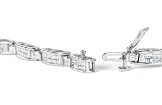 Close-up angled view of a white metal bracelet featuring square white gemstones in invisible settings and rectangular white gemstones in prong settings, with a visible clasp.