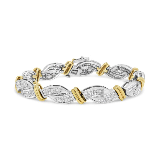 Yellow and white metal bracelet with interlocking curved links, each set with multiple white princess-shaped gemstones, shown in a front-facing angle.