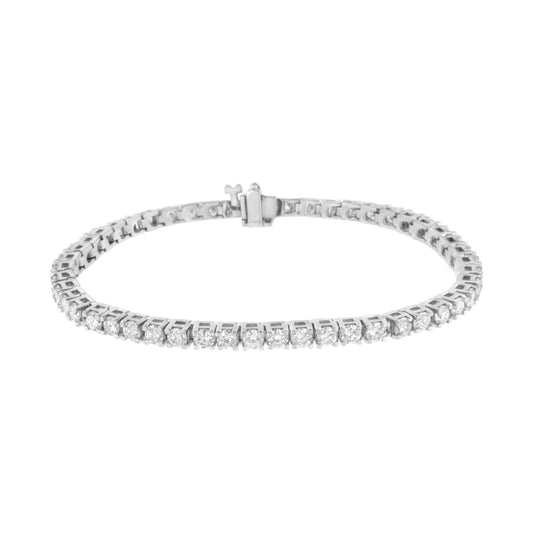 White metal bracelet with round white gemstones in prong settings, shown from a slightly elevated front angle.