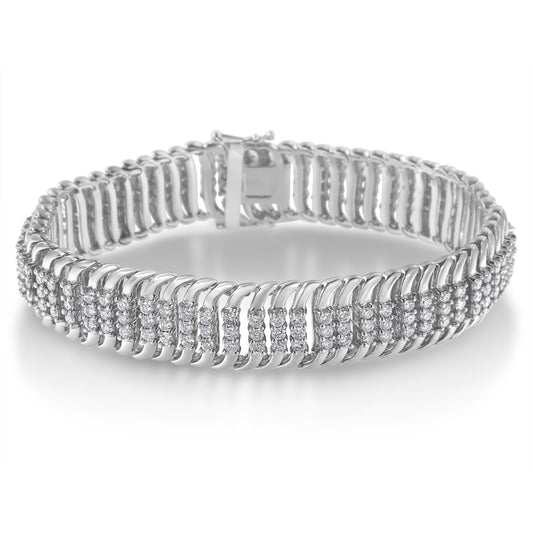 White metal bracelet with multiple rows of round white gemstones in prong settings, shown from a front angle.