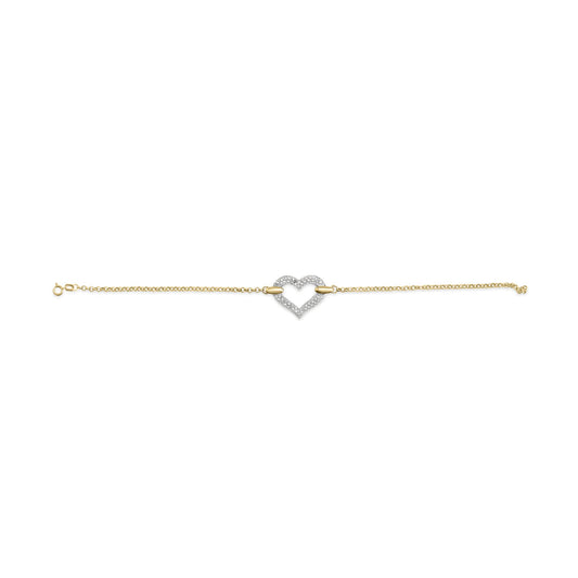 Yellow and white bracelet with a heart-shaped center adorned with white round gemstones, front-facing angle.
