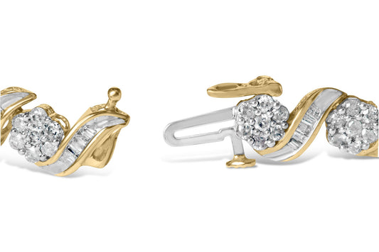 Close-up angled view of yellow bracelet featuring clusters of round white gemstones in prong settings and a twisting band with channel-set baguette white gemstones.