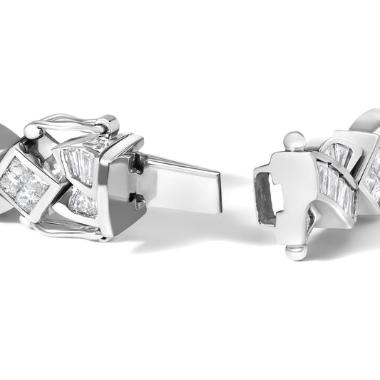 Close-up front angle of a white bracelet clasp featuring baguette and princess-shaped white gemstones in channel and invisible settings.