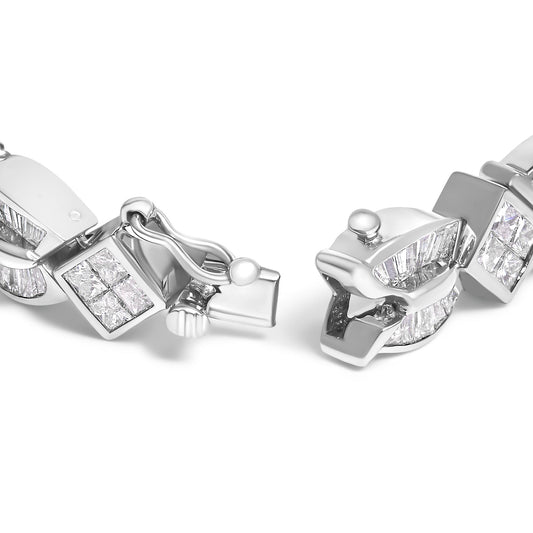 Close-up front angle of a white bracelet clasp featuring baguette and princess-shaped white gemstones in channel and invisible settings.