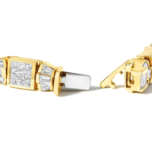 Close-up angled view of a yellow metal bracelet clasp featuring white baguette-shaped gemstones in channel settings and white princess-shaped gemstones in invisible settings.