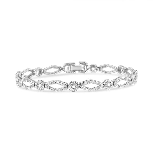 White metal bracelet with alternating marquise and round shapes, each outlined with white gemstones, shown in a front-facing angle on a white background.