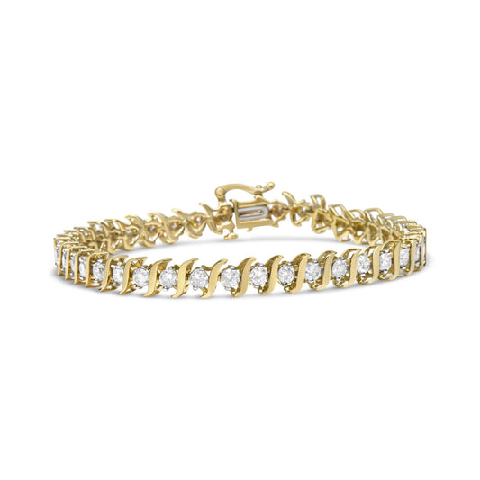 Yellow bracelet with round white gemstones in prong settings, shown in a front angled view.
