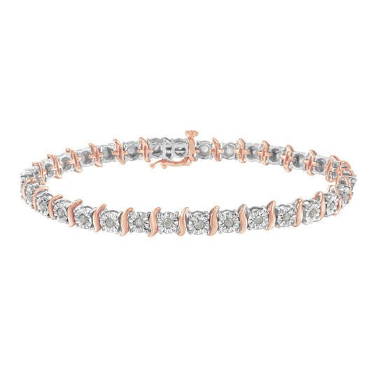 Bracelet with alternating white and rose metal links set with round white gemstones in miracle settings, shown in a side angle shot.
