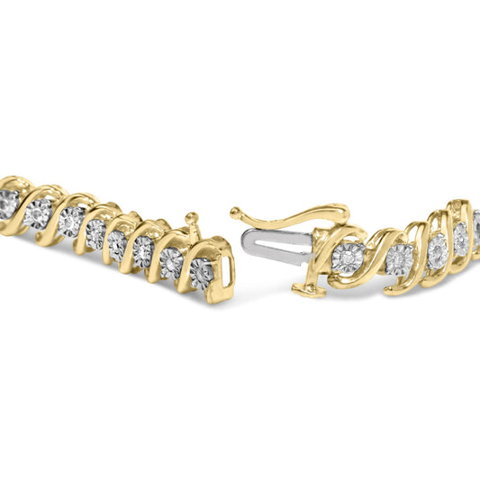 Close-up angled view of a bracelet with alternating yellow and white metal links, featuring round white gemstones in a miracle setting along its length.