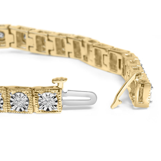 Close-up front angle of a yellow bracelet with multiple round white gemstones set in miracle settings, showing the clasp in an open position.