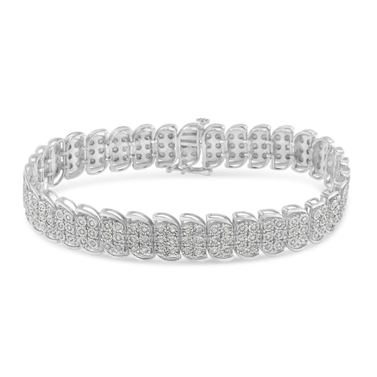 White metal bracelet with multiple rectangular links, each set with small round white gemstones in a miracle setting, shown from a slightly elevated front angle.