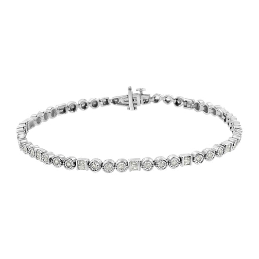White metal bracelet with alternating round and baguette white gemstones, shown from a top front angle.