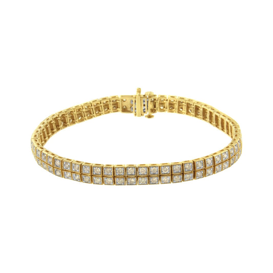 Yellow metal bracelet with multiple rows of round brownish gemstones in prong settings, shown at a slight angle on a white background.