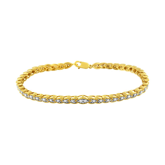 Yellow bracelet with white round gemstones in prong settings along the front, shown from a front angle.