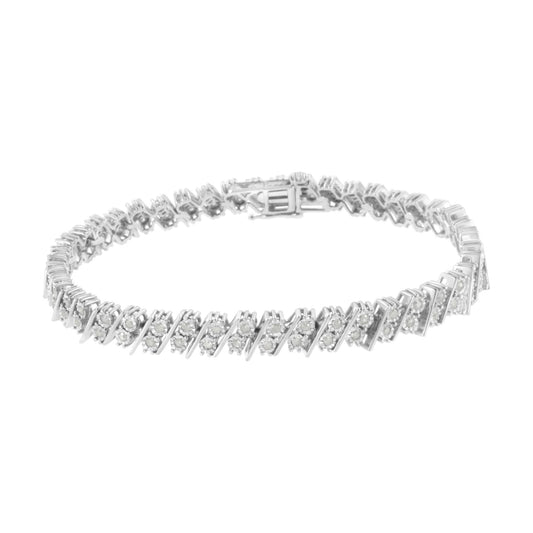White metal bracelet with round white gemstones in a miracle setting, shown from an angled top view.