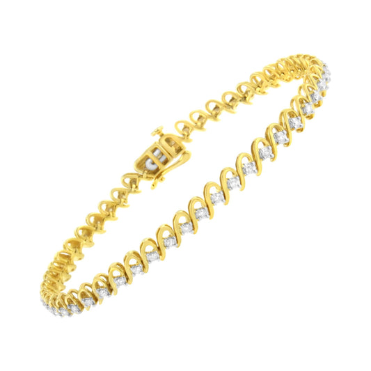 Yellow bracelet with round white gemstones in prong settings, shown in a tilted close-up angle.