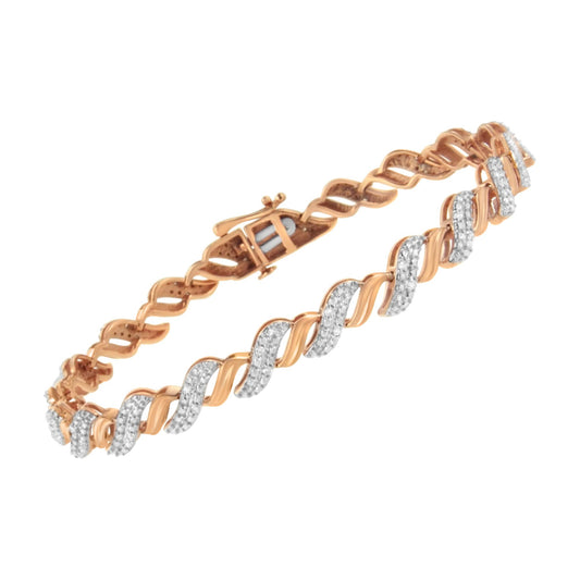 Rose metal bracelet with alternating twisted design featuring rows of white round gemstones in prong settings, shown at an angled top view.