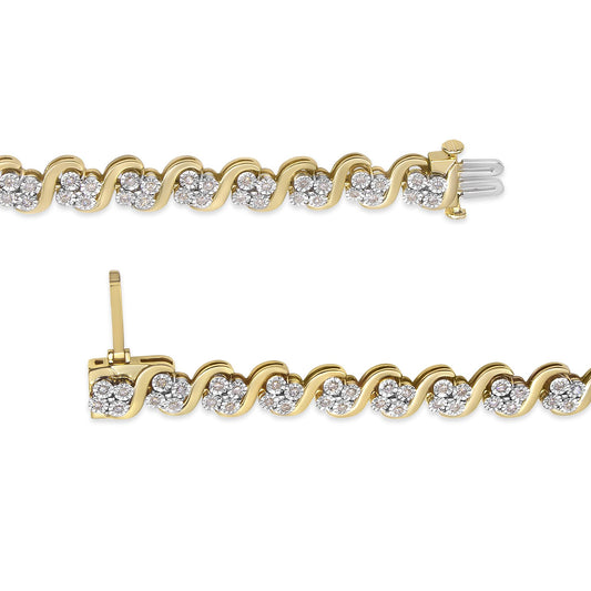 Top angle view of a yellow bracelet with linked wave-shaped segments, each featuring clusters of round white gemstones in miracle settings.