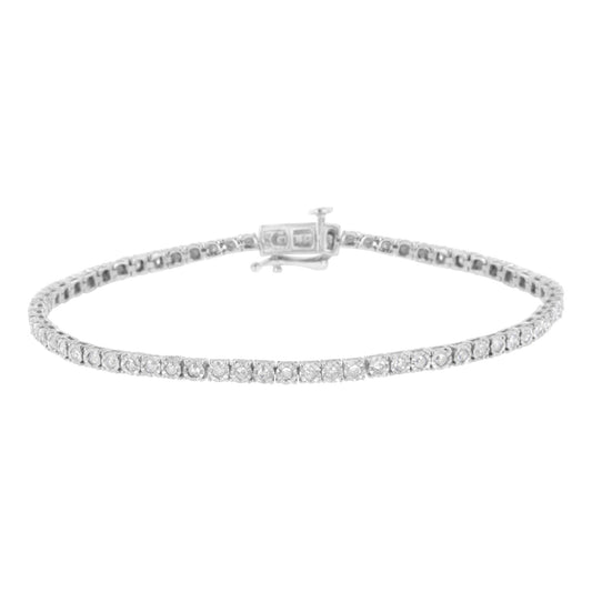 White metal bracelet with round white gemstones in miracle setting, shown in a front-facing close-up angle.