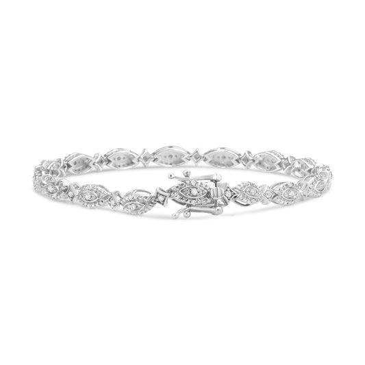White metal bracelet with alternating marquise and diamond shapes set with round white gemstones in prong settings, shown from a front angle on a white background.