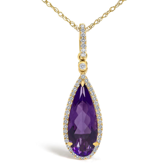 Close-up front angle of a yellow necklace with a pear-shaped purple gemstone pendant surrounded by small white gemstones in a micro-pave setting.
