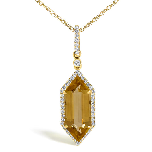 Close-up front view of a yellow necklace pendant featuring a large yellow gemstone surrounded by small white gemstones, with additional white gemstones set vertically above in a row, attached to a yellow chain.