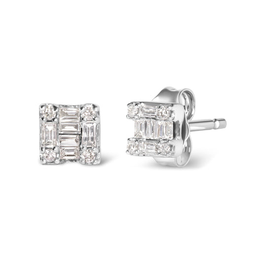 Front and angled side view of white metal square stud earrings featuring baguette and round white gemstones in channel and prong settings.
