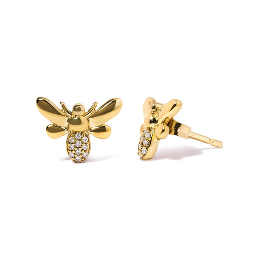 Pair of yellow metal bee-shaped earrings with white gemstones on the body, shown from front and side angles on a white background.