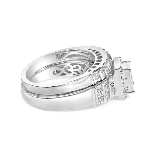 Close-up side angle of a white metal ring featuring multiple rows of white gemstones in baguette, princess, and round shapes with various settings.