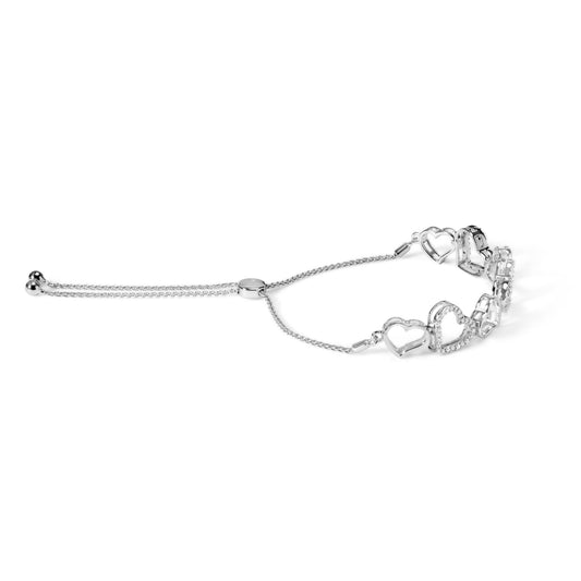 White metal bracelet with linked heart shapes, some adorned with small white gemstones, shown against a white background from a side angle.