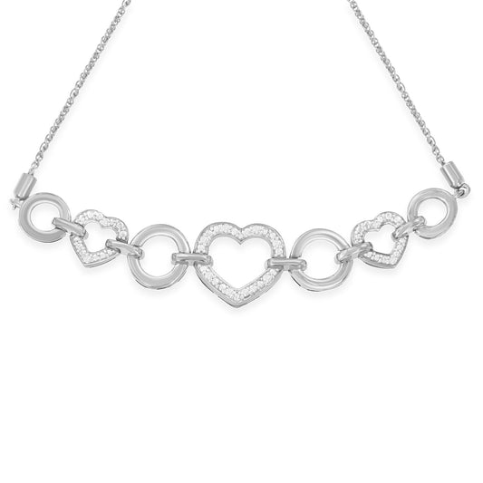 Front view of a white metal bracelet featuring heart-shaped and circular links, some hearts set with small white gemstones in a pave setting.