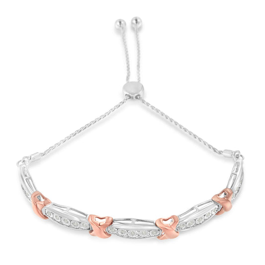 Bracelet with white and rose metal links featuring white round gemstones in a miracle setting, shown at a slight top-down angle.