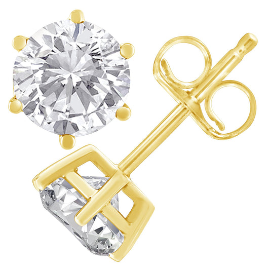 Close-up view of yellow metal stud earrings with round white gemstones in prong setting, shown from front and side angles.