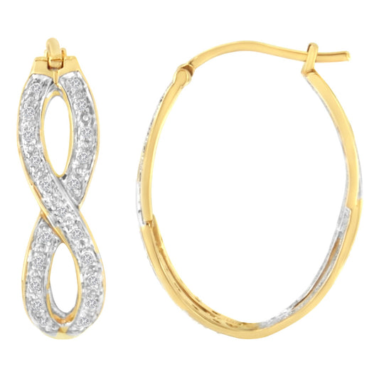 Yellow metal infinity-shaped earrings with white round gemstones in prong setting, shown from front and side angles.