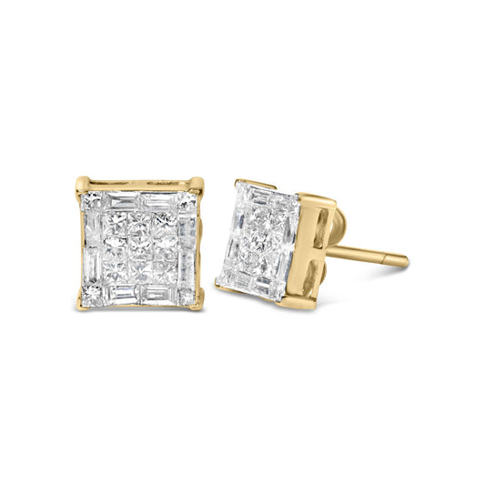 Pair of yellow metal square earrings with invisible-set white baguette and princess shape gemstones, shown from front and angled side.