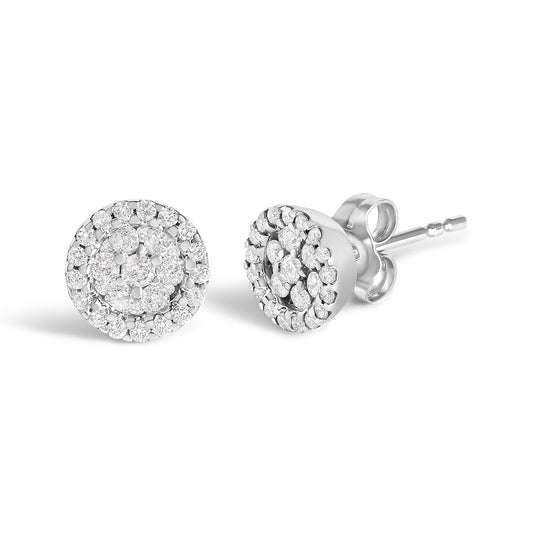 White metal round stud earrings with multiple white gemstones in prong settings, shown from front and side angles.
