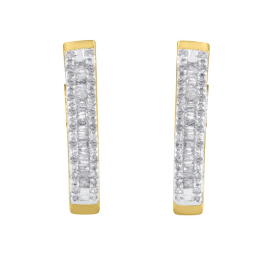 Front view of yellow metal earrings set with white round prong-set gemstones surrounding a row of white baguette channel-set gemstones.